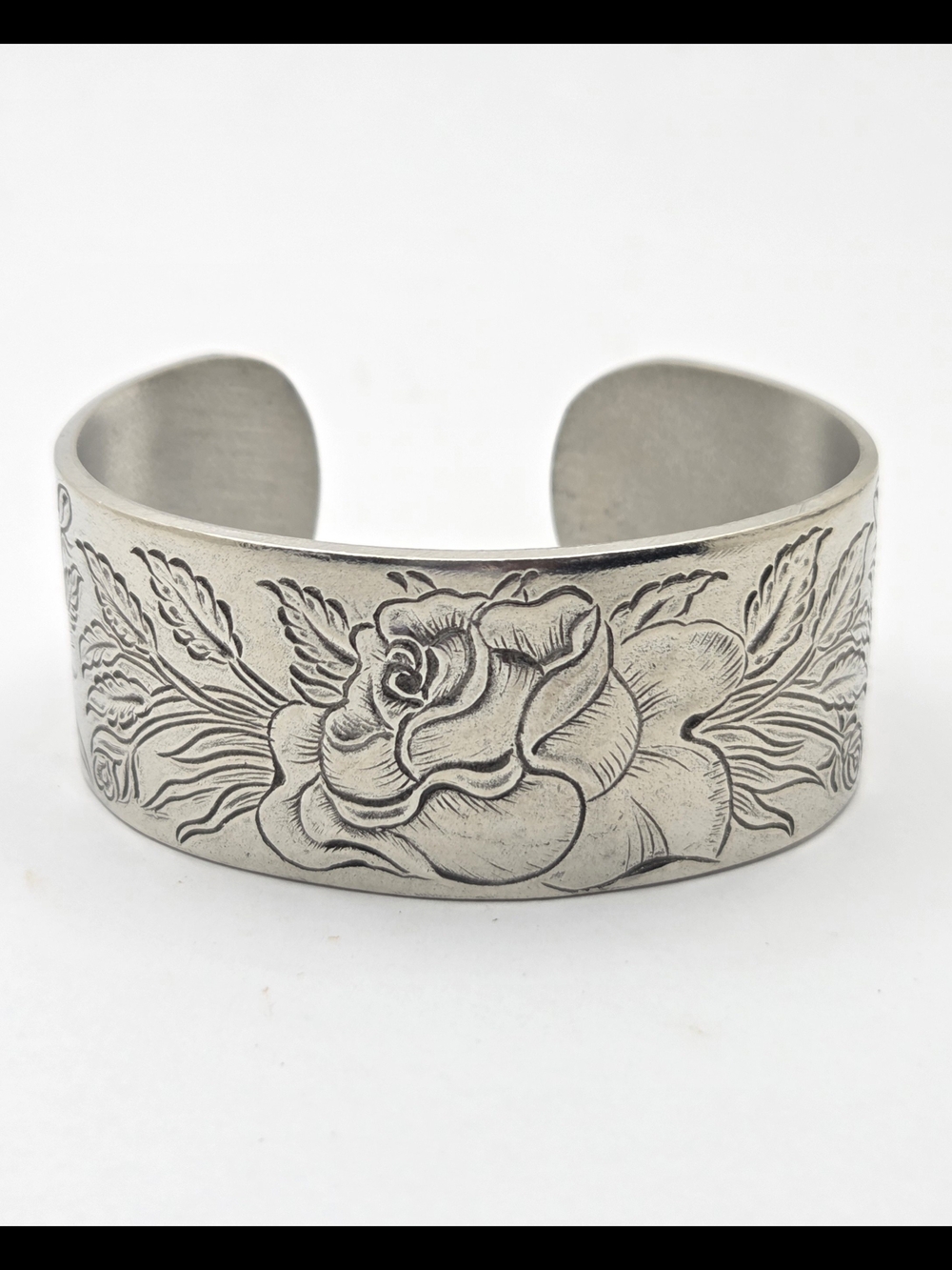 Salisbury Pewter Vintage Floral Rose Engraved Cuff Bracelet - June